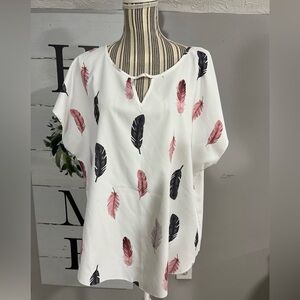 SHEIN Feather Print Blouse - White with Pink and Black